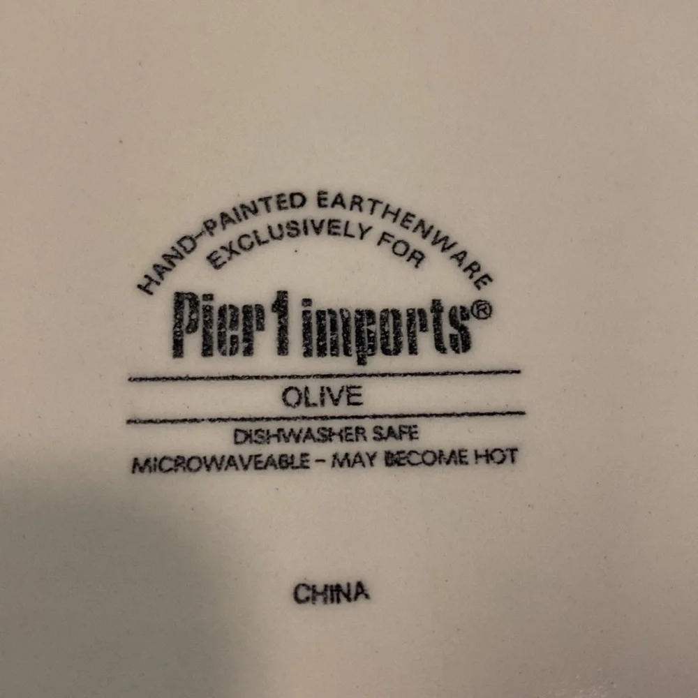 Pier1 Imports Olive serving plate. 11” x 11”. Green with olive design.